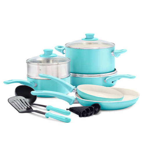 12pc Greenlife Aluminium Soft Grip Cookware Set Turquoise