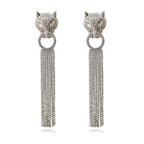 Culturesse Chase Oversized 14cm Diamante Leopard Drop Earrings - Silver