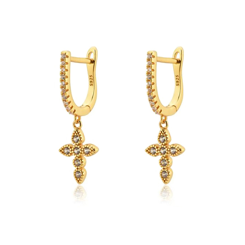 Culturesse Charbel 20mm Fine Diamante Cross Drop Earrings - Gold