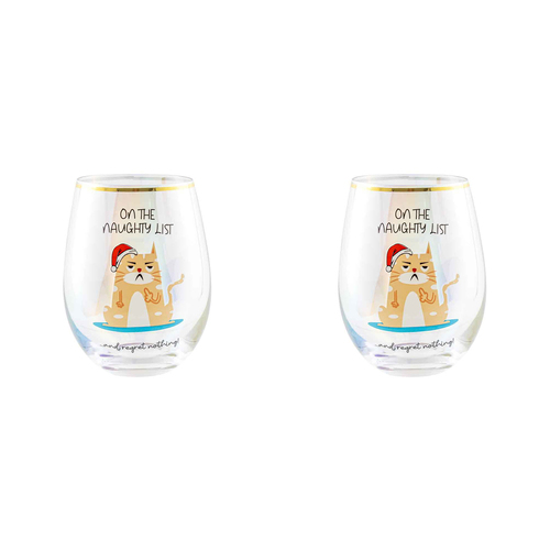 2PK Novelty Christmas On The Naughty List And 600ml Stemless Wine Glass