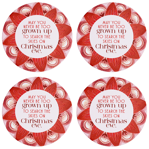 4PK Splosh Christmas Skies Ceramic/Cork Coaster Round 10.5cm Red