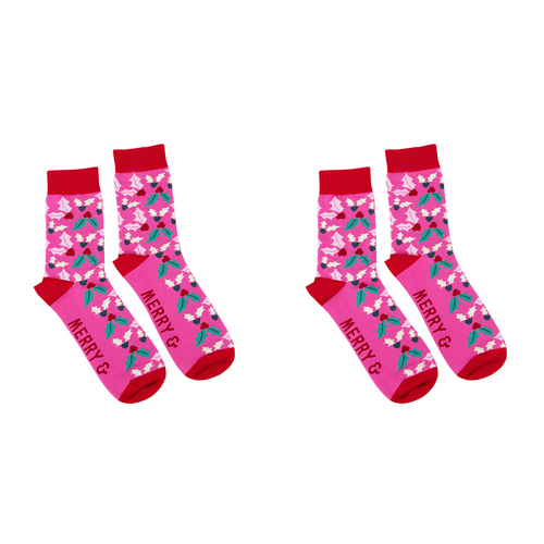 2PK Splosh Christmas Holly Fashion Printed Crew Socks One Size