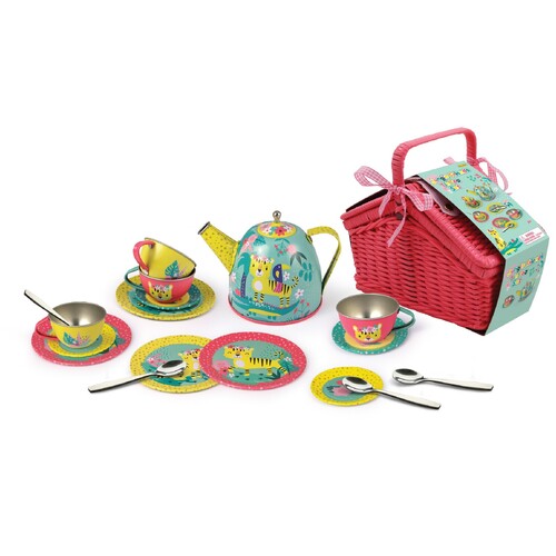 Kaper Kidz Tiger Tin Tea Set In Picnic Basket 18Pcs