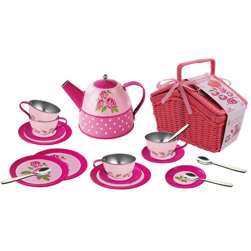 18pc Kaper Kidz Rose Tin Tea Set w/ Picnic Basket Kids Pretend Play Toy 3y+