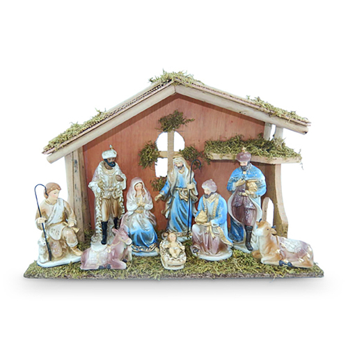 9pc Ceramic Christmas Religious Nativity With Wooden Manger Baby Jesus