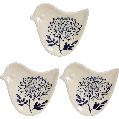 3PK LVD Ceramic Ornament Folk Bird Dish Bloom Indigo Decorative Home Decor