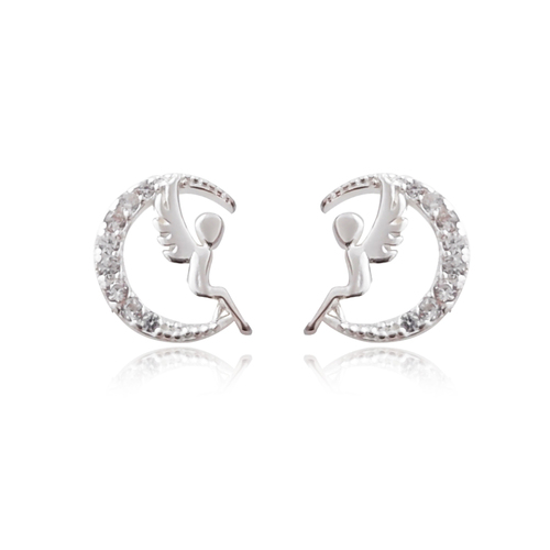 Culturesse 9mm Little Angel Moon Dainy Stud Earrings - Silver