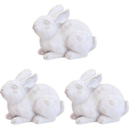 3PK LVD Concrete Rabbit Briar Crouched Sculpture Decor 13.5x10.5cm - White