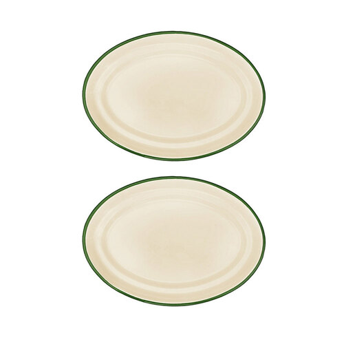 2x Urban Style Enamelware 36cm Oval Tray w/ Green Rim - Cottage