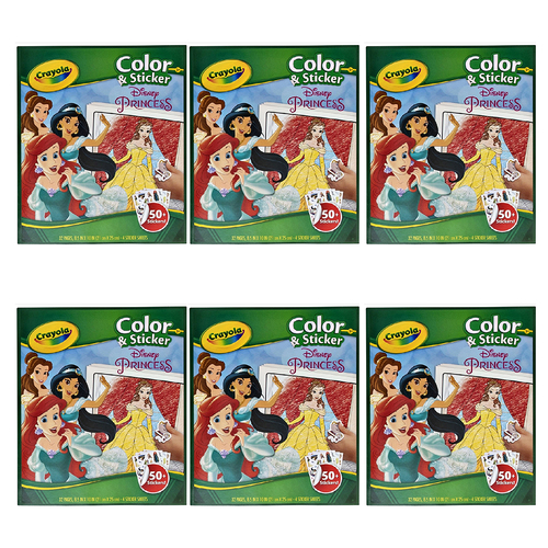 6PK Crayola 32pg Colour & Sticker Disney Princess Kids Drawing Book 3y+