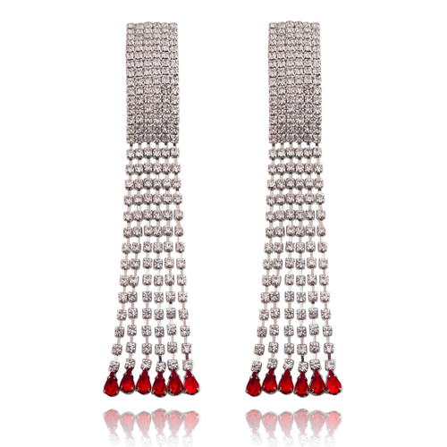 Culturesse Lemaire 30cm Catwalk Diamante Drop Tassel Earrings - Silver