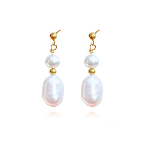 Culturesse Rhea Twin 22mm Freshwater Drop Earrings - Pearl/Gold