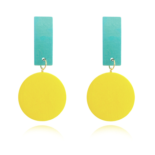 Culturesse Maci Geo Oversized 83mm Wood Craft Earrings - Blue/Yellow