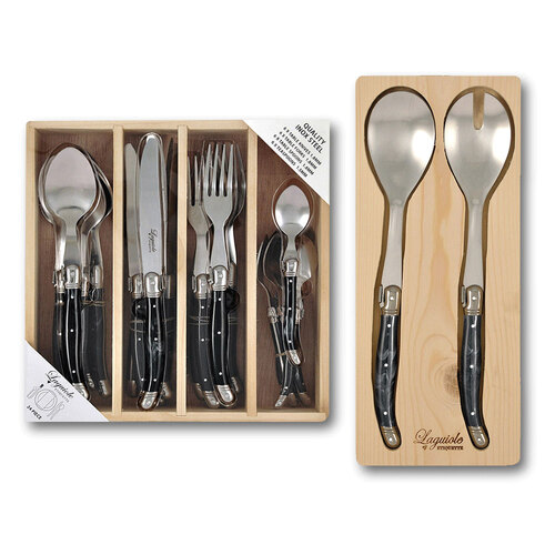 Laguiole Etiquette Cutlery w/ Matching Salad Serving Set - Marble Black