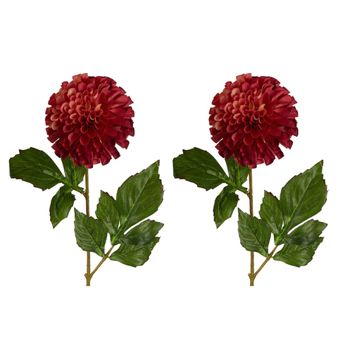 2PK Belle Pompom Ball Dahlia Stem 62cm Artificial/Fake Faux Plant - Burgundy