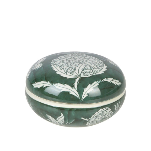 Belle Thistle Porcelain Trinket Bowl w/ Lid Round 15cm - Green/White