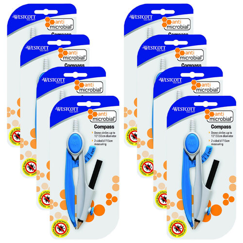 8PK Westcott Plastic 2-Sided Student Compass Blue w/ Anti-Microbial