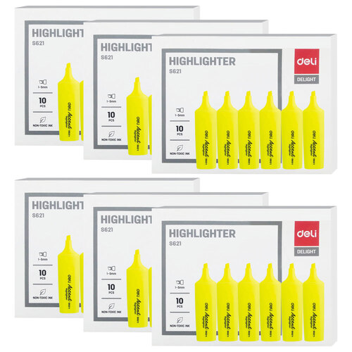 6x 10PK Deli Highlighter Chisel Point Stationery Yellow