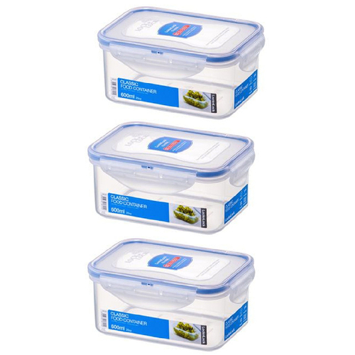 3PK Lock & Lock 600ml Airtight Classic Rectangle Food Container Short - Clear