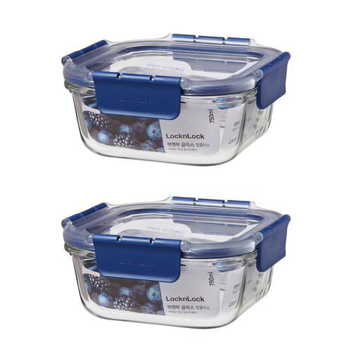 2PK Lock & Lock Top Class 750ml/16cm Glass Container w/ Tritan Lid Square - Blue