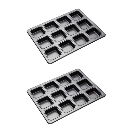 2x Mastercraft 34x26cm Heavy Base 12-Cup Non-Stick Square Brownie Pan - Black