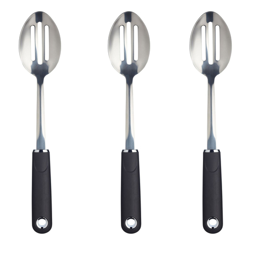 3x Mastercraft Soft Grip 34cm Stainless Steel Slotted Spoon - Black