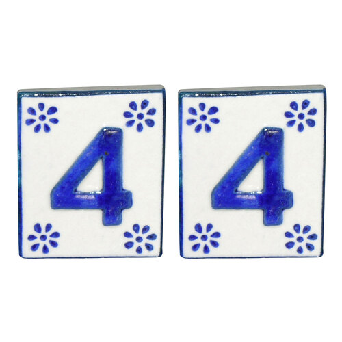 2x DWBH Ceramic #4 House Number Tile 7x6cm Sign Plaque - Blue