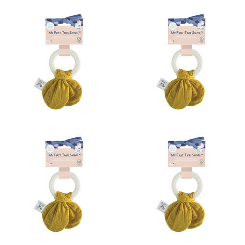 4PK Tikiri Natural Rubber Teether w/ a Mustard Muslin Tie 97010 Baby 0m+