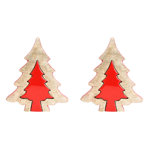 2PK LVD 20x23cm Mango Wood Dual Tree Home Decor Large - Red