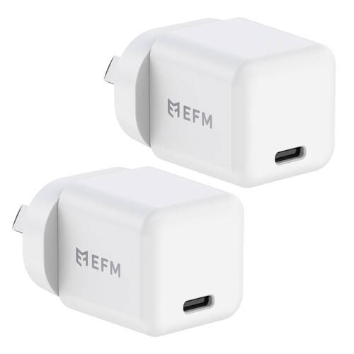 2pc EFM ECO 20W GaN Wall Charger USB-C Adapter w/Power Delivery & PPS White