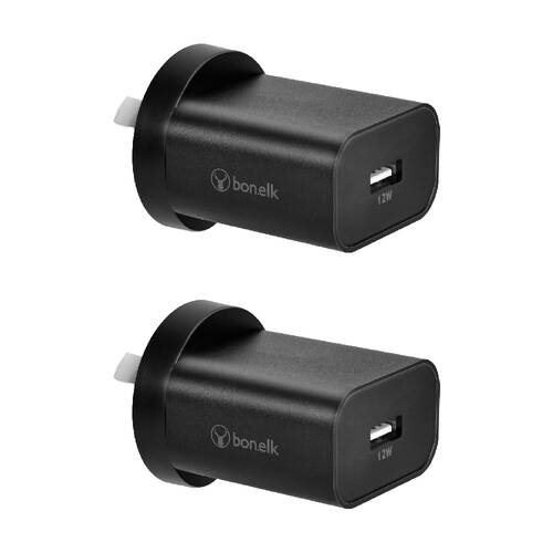 2PK Bonelk 12W USB-A Wall Charger Adapter For Phone/Tablet/Camera - Black