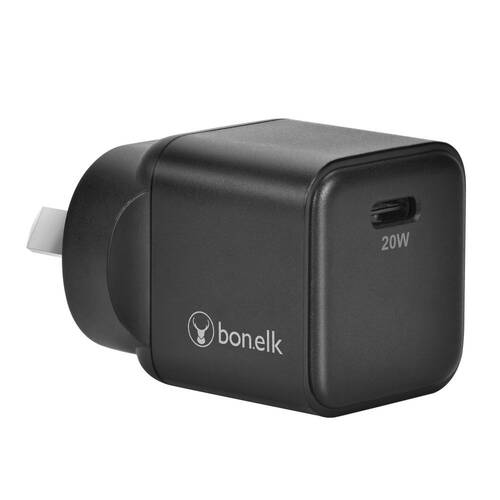 Bonelk 20W PD USB-C GaN Wall Charger w/ Easy Grip Cable 1.5m - Black