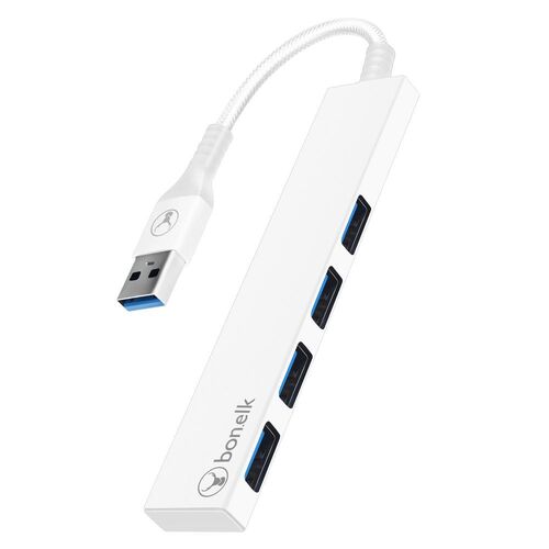 Bonelk Long-Life Male USB-A to 4-Port Female USB 3.0 Slim Hub - White