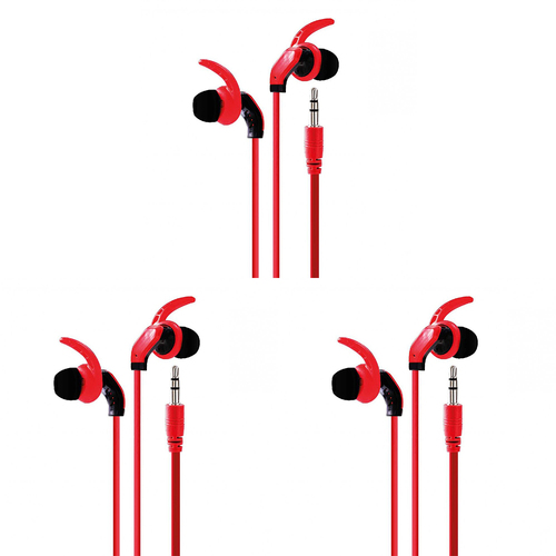 3PK Laser Wired 3.5mm AUX Sports Secure-Fit Earphones 1.2m - Red