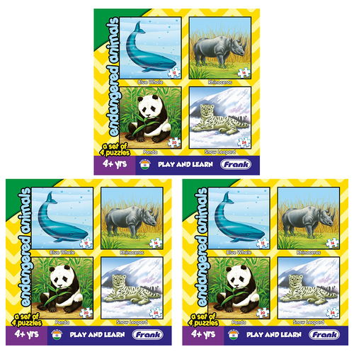 3PK  Frank Educational Play & Learn Jigsaw Puzzles Endangered Animals 17.5cm 4+