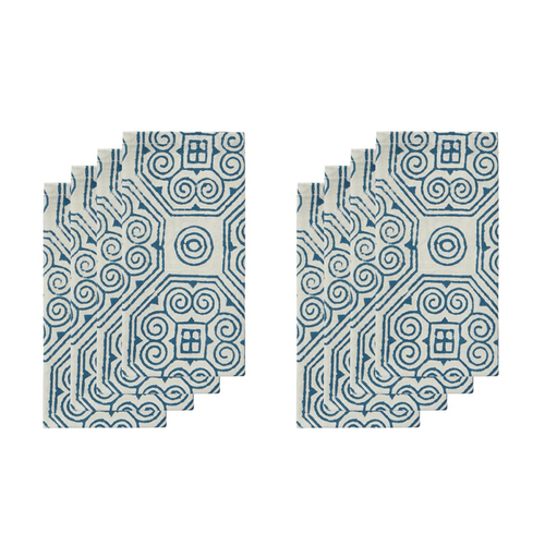 2x 4pc Belle Malta Mosaic Cotton Napkin Set 40x40cm Square - Blue