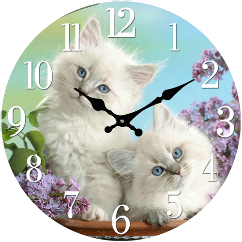 White Kittens Glass Analogue Standing Desk Clock 17cm Round Decor