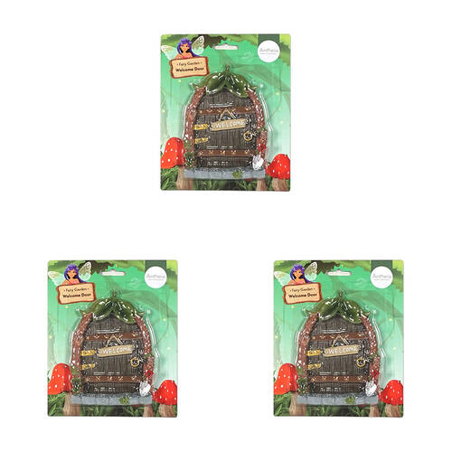 3PK Antheia Green Homewares Resin Fairy Garden Door Welcome Brown 19cm