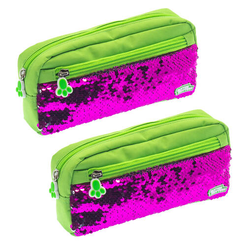 2PK Glitter Critters Pat Me 2 Compartments Sequin Fron Zipper Pencil Case - Green