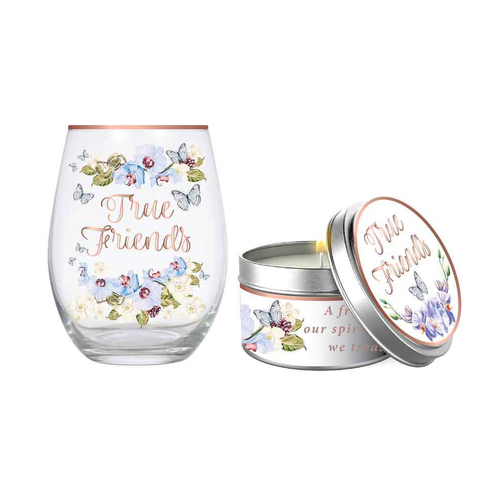 2pc True Friends 520ml Stemless Glass Tumbler & Candle Vanilla Scent Set