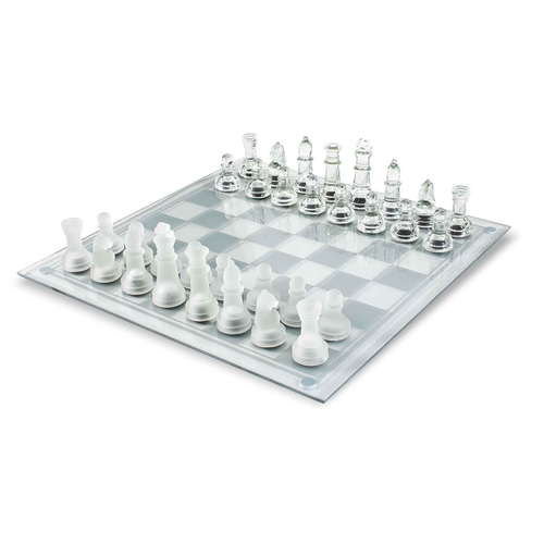 Glass Chess 35cm Adult Board Game Set Frosted/Clear