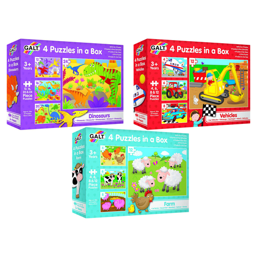 Galt 4 Puzzles In A Box Farm/Vehicles/Dinosaurs Kids Toy 3y+