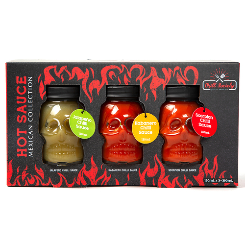 3pc Grill Society Hot Sauce Mexican Collection Skull Glasses 130ml