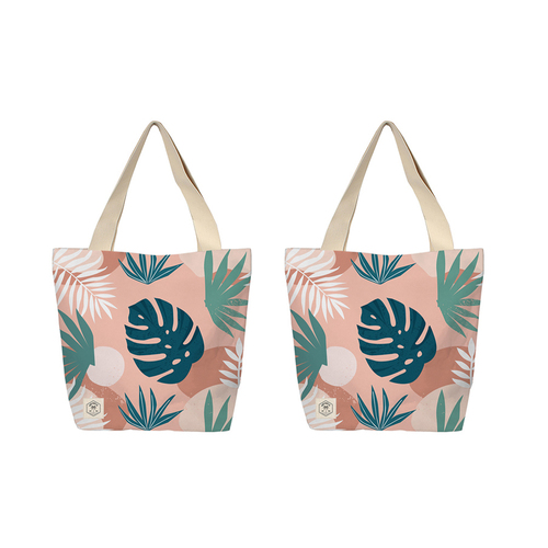 2PK Good Vibes Beach Bag W Inner Pocket Zip Closre Blush Palm 50x42x15cm