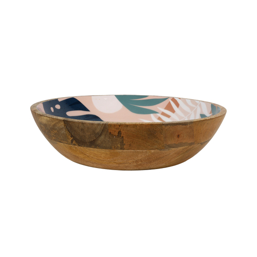 Good Vibes Round Salad Bowl Wood Enamel Blush Palm 31.5cm Diameterx 8cm