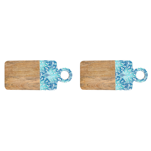 2PK Good Vibes Serving Dish Board Wood Enamel Peacock Paradise Print 46x20cm