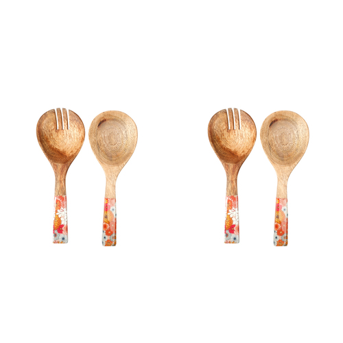 2x 2pc Good Vibes Salad Servers Wood Enamel Detail Retro Summer 24.5cm