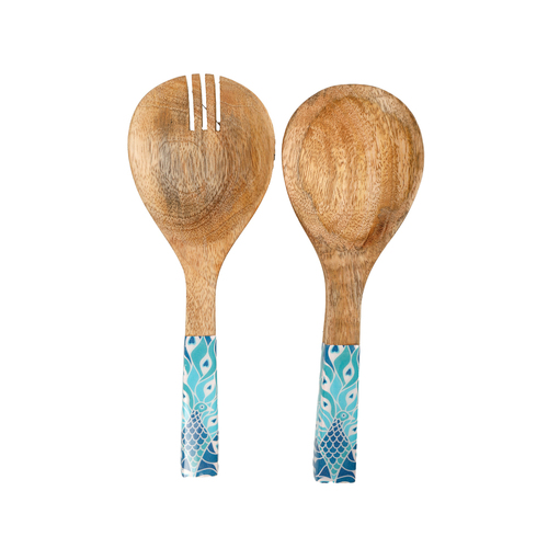 2pc Good Vibes Salad Servers Wood Enamel Detail Peacock Paradise 24.5cm