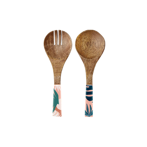 2pc Good Vibes Salad Servers Wood Enamel Detail Blush Palm 24.5cm