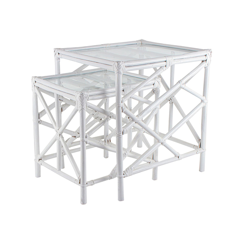 2pc Maine & Crawford Berdine 40/45cm Side Table w/ Glass Top - White